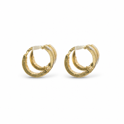 14KT Gold Earring Extra Small White CZ Stones Single Row Hoops with Two Tone Zig Zag Diamond Cut Back Huggie