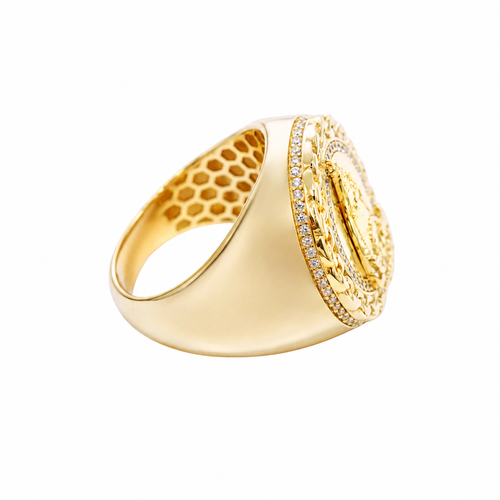 14KT Gold Ring Men's Round Caridad Cobre Coin with White CZ Stones Border and Chino Link Frame with Single Row of White CZ Stones Sides