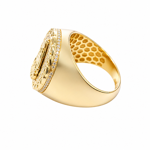 14KT Gold Ring Men's Round Caridad Cobre Coin with White CZ Stones Border and Chino Link Frame with Single Row of White CZ Stones Sides