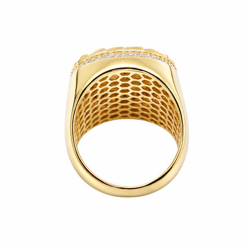 14KT Gold Ring Men's Round Caridad Cobre Coin with White CZ Stones Border and Chino Link Frame with Single Row of White CZ Stones Sides
