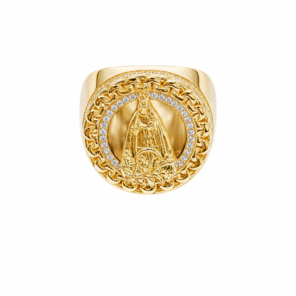 14KT Gold Ring Men's Round Caridad Cobre Coin with White CZ Stones Border and Chino Link Frame with Single Row of White CZ Stones Sides