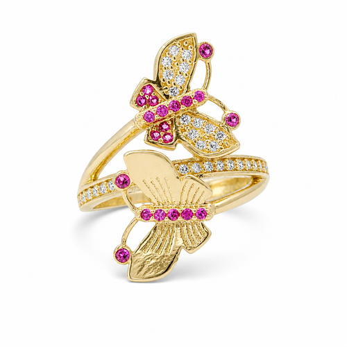 14KT Gold Ring Women's Bypass Butterfly with White CZ Stone Wings Dark Pink CZ Stone Body on Each End White CZ Stone Center Band