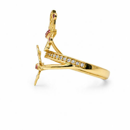 14KT Gold Ring Women's Bypass Butterfly with White CZ Stone Wings Dark Pink CZ Stone Body on Each End White CZ Stone Center Band