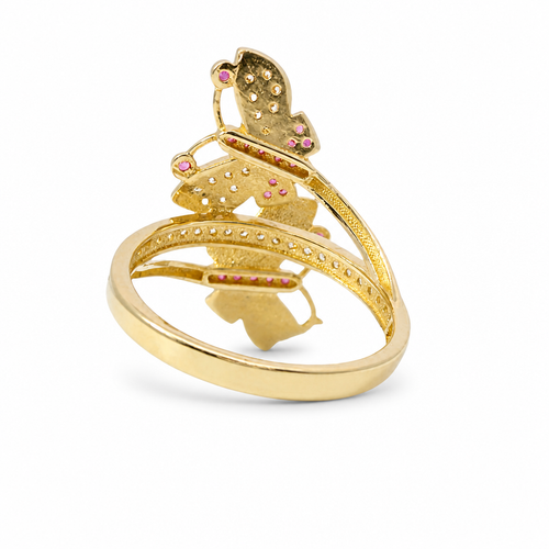 14KT Gold Ring Women's Bypass Butterfly with White CZ Stone Wings Dark Pink CZ Stone Body on Each End White CZ Stone Center Band