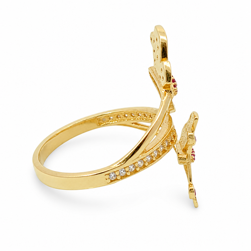 14KT Gold Ring Women's Bypass Butterfly with White CZ Stone Wings Dark Pink CZ Stone Body on Each End White CZ Stone Center Band