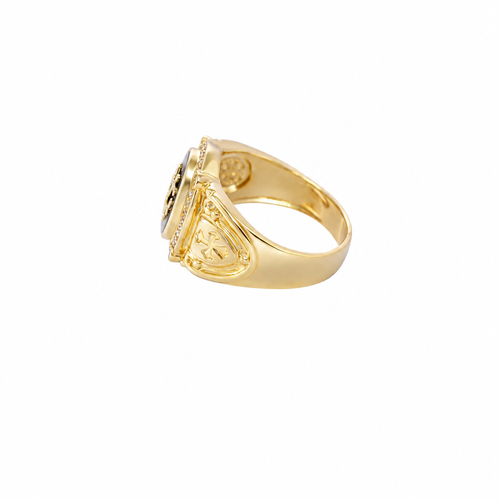 14KT Gold Ring Men's Oval Onyx Anchor/Heart/ Cross with White CZ Stones Border Side Design Chrome Style Cross on Shield