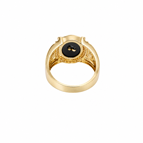14KT Gold Ring Men's Oval Onyx Anchor/Heart/ Cross with White CZ Stones Border Side Design Chrome Style Cross on Shield