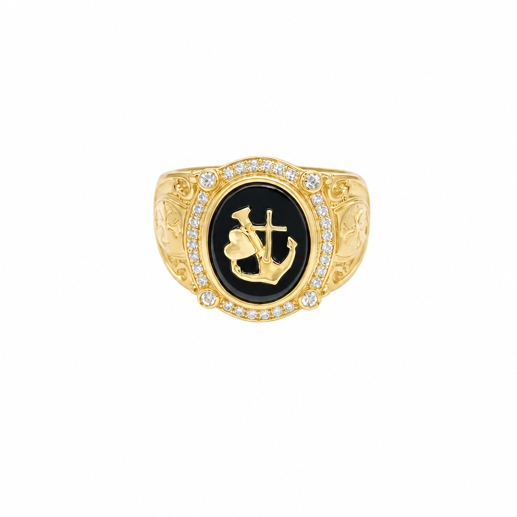 14KT Gold Ring Men's Oval Onyx Anchor/Heart/ Cross with White CZ Stones Border Side Design Chrome Style Cross on Shield