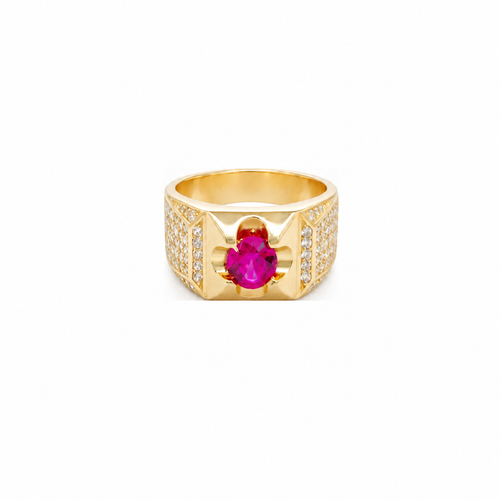 14KT Gold Ring Men's Clove Prong Red Round CZ Center Stone Plain Square Border Side Design White CZ Stones Single Row Frame with 5 x 6 Round White CZ Stones
