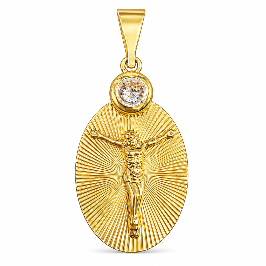 14KT Gold Charm Small Oval Crucifix Sunray Coin with White CZ Stone Top and Plain Bell