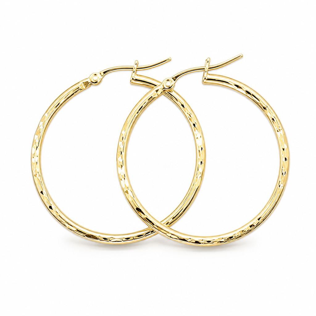 14KT Gold Earrings Hoops Round Diamond Cut Hollow Tube with Saddleback Hinge Closure Length 4mm