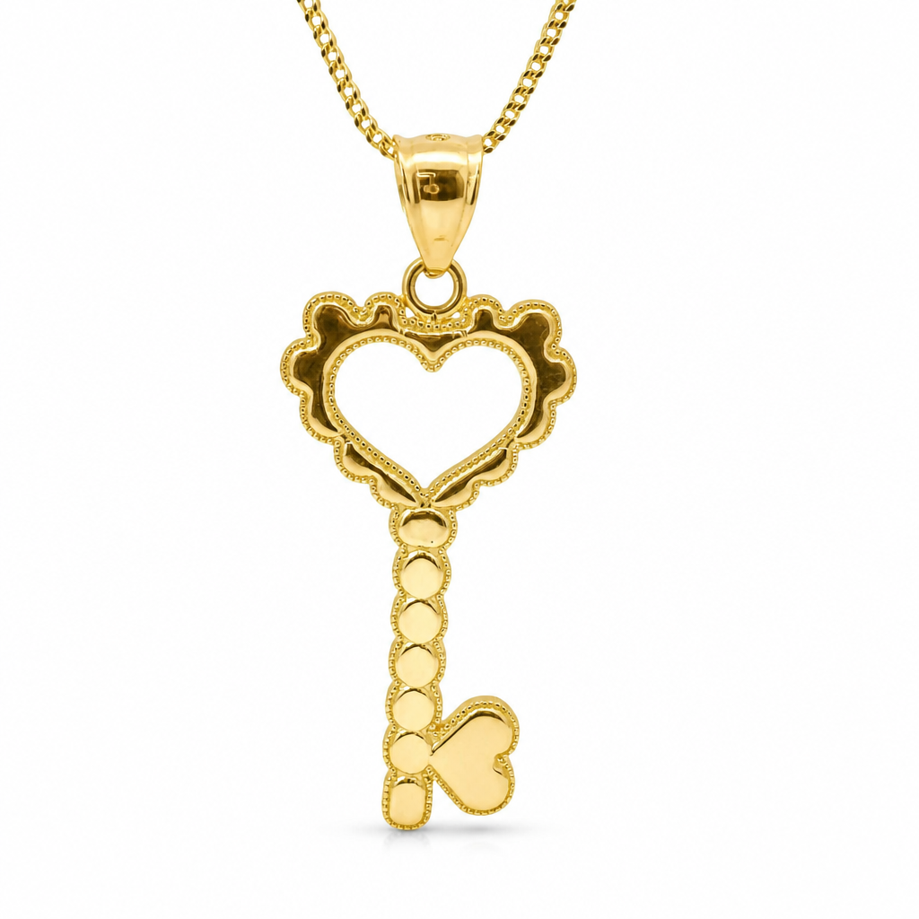 14KT Gold Charm Large Heart Skeleton Key with Plain Bell