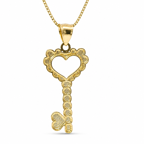 14KT Gold Charm Large Heart Skeleton Key with Plain Bell