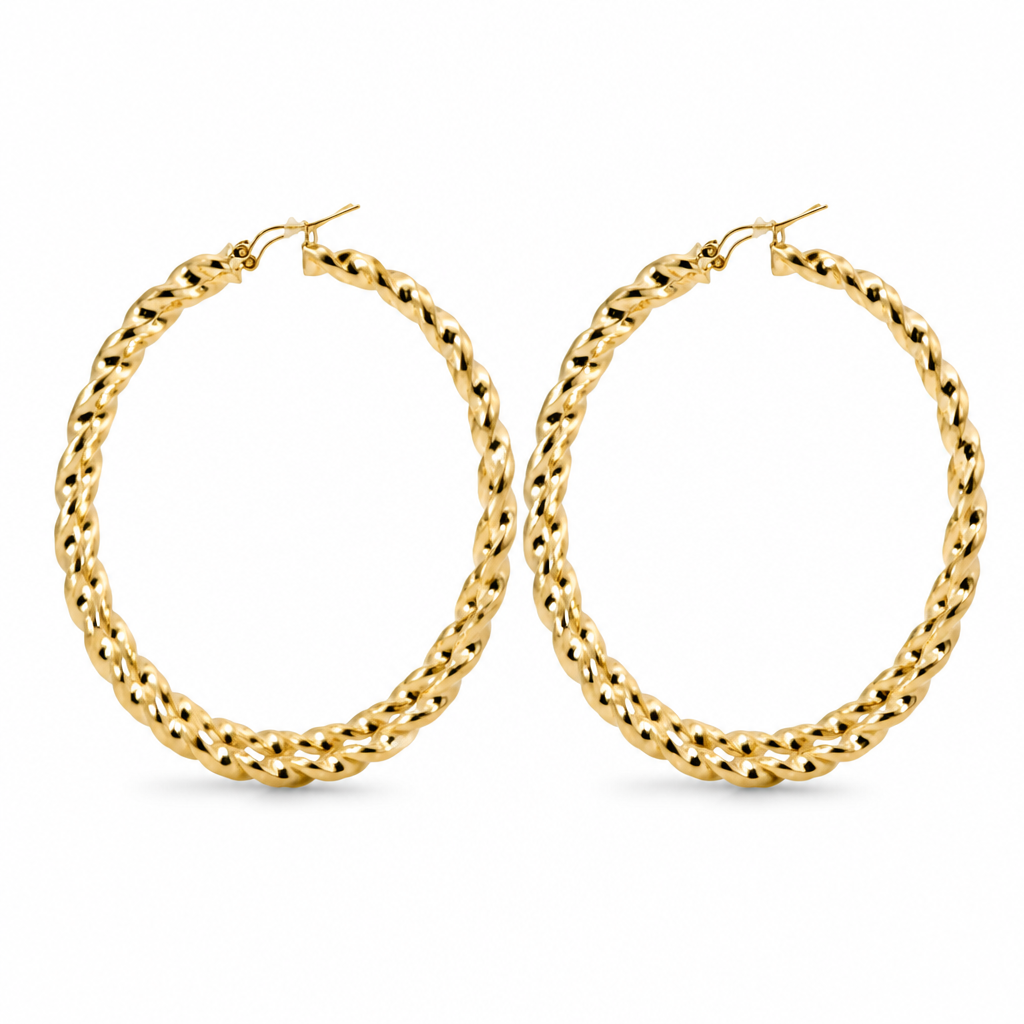 14KT Gold Earrings Hoops Round Twisted Hollow Tube with Saddleback Hinge Closure Length 3mm