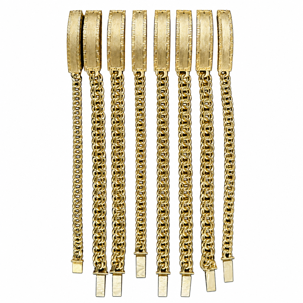 14KT Gold Bracelet Hollow Chino Band with Greek Border Name Plate 8mm