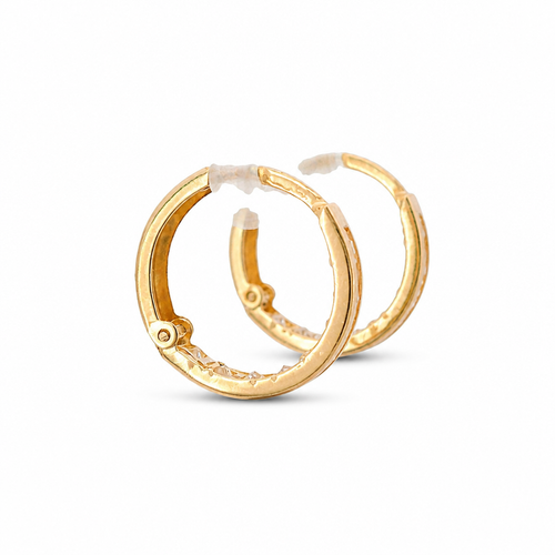 14KT Gold Earring Small White CZ Stones Single Row Hoops with Two Tone Diagonal Stripe Diamond Cut Back Huggie