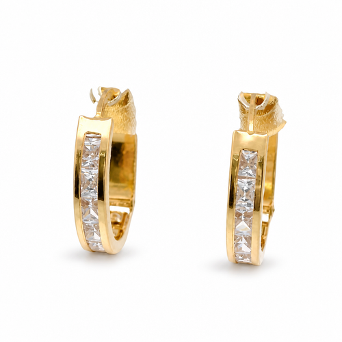 14KT Gold Earring Small White CZ Stones Single Row Hoops with Two Tone Diagonal Stripe Diamond Cut Back Huggie