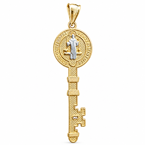 14KT Gold Charm Large Two Tone Key Shape St Benedict Coin with Plain Bell