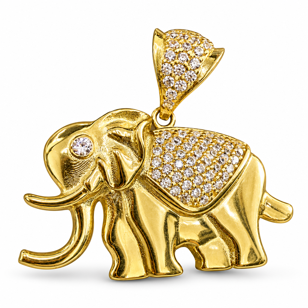 14KT Gold Charm Large 3D Puff Elephant with Flat Heart Cut Out Back, White CZ Stone Eye, White CZ Stones Blanket and Bell