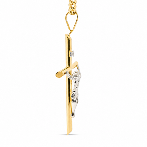 14KT Gold Charm 2XL Two Tone Hollow Tube Slant Ends Crucifix Cross with Plain Bell