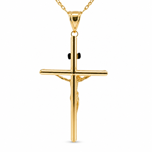 14KT Gold Charm 2XL Two Tone Hollow Tube Slant Ends Crucifix Cross with Plain Bell