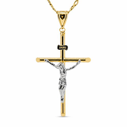 14KT Gold Charm 2XL Two Tone Hollow Tube Slant Ends Crucifix Cross with Plain Bell