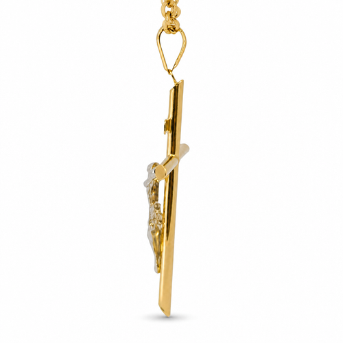 14KT Gold Charm 2XL Two Tone Hollow Tube Slant Ends Crucifix Cross with Plain Bell
