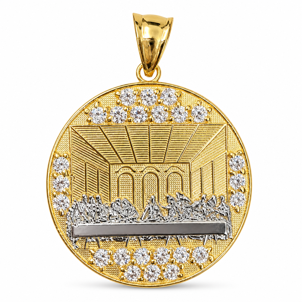 14KT Gold Charm Large Round Two Tone Last Supper with White CZ Stones Floor, Plain Border, and Bell
