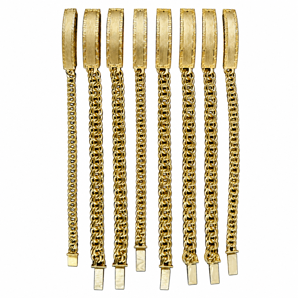 14KT Gold Bracelet Hollow Chino Band with Greek Border Name Plate 5mm