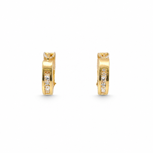 14KT Gold Earring Extra Small White CZ Stones Single Row Hoops with Plain Gold Diamond Cut Scallop Edge on Back Huggie
