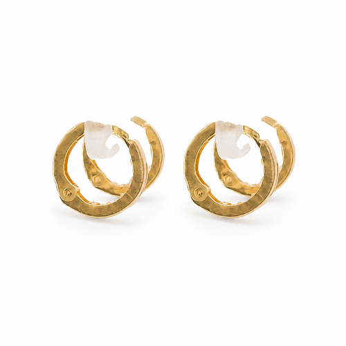 14KT Gold Earring Extra Small White CZ Stones Single Row Hoops with Plain Gold Diamond Cut Scallop Edge on Back Huggie