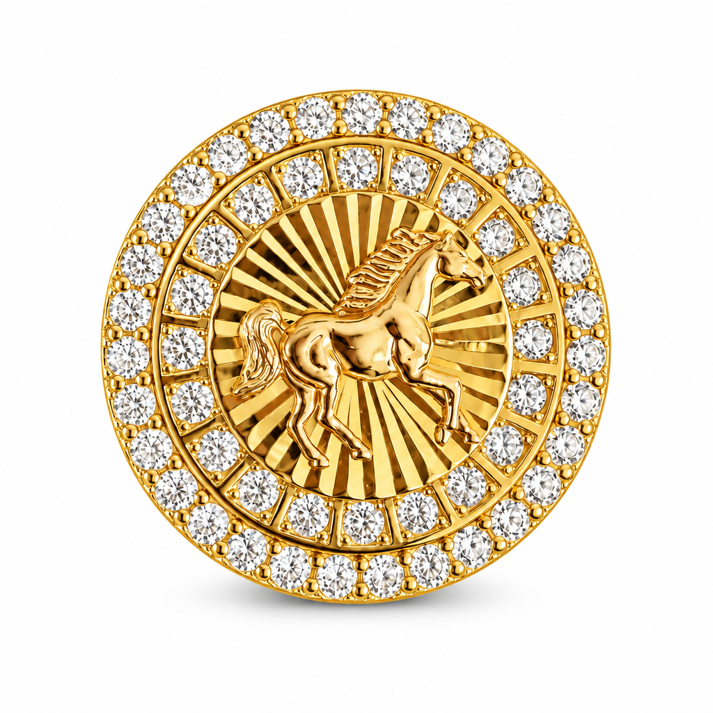 14KT Gold Ring Men's Two Tone Round Raised Full Horse Center with Sunray Background, Double Row White CZ Stones Border with Etched Stripe Band