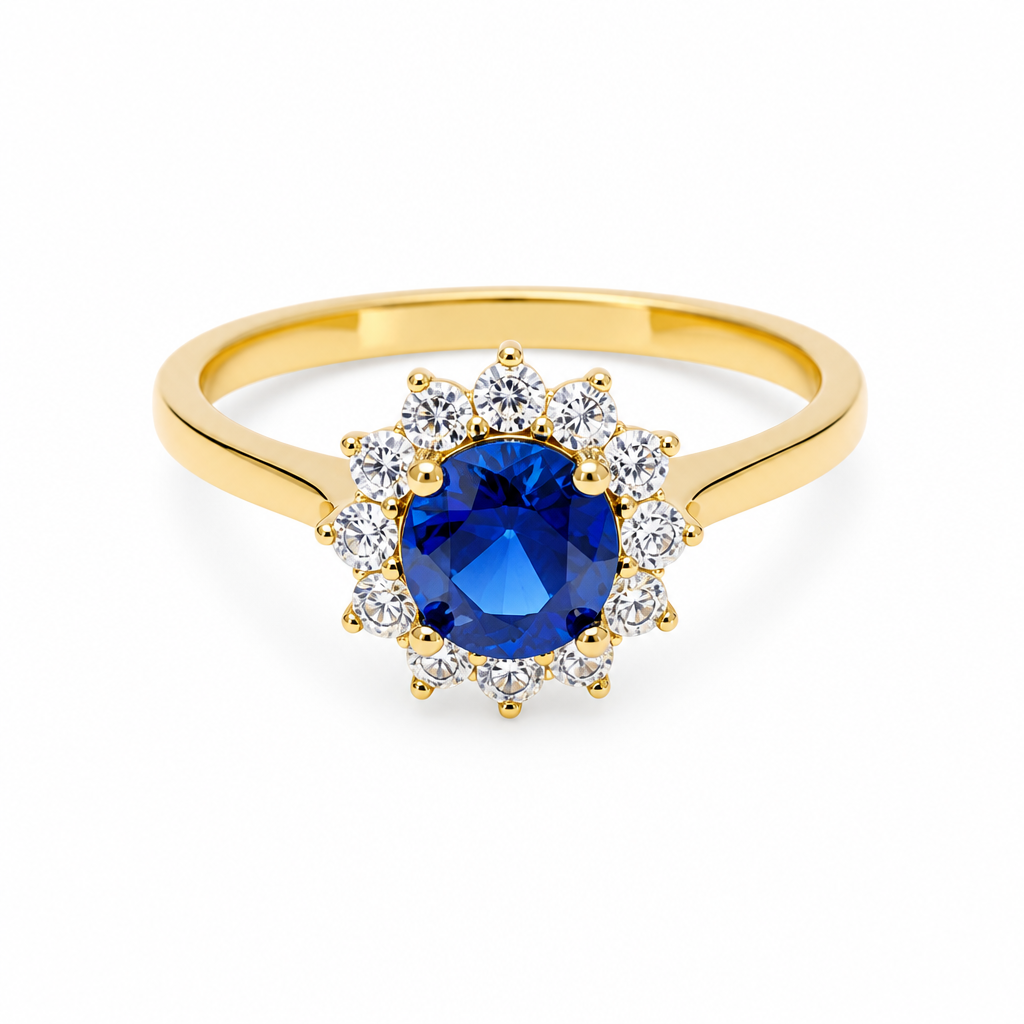 14KT Gold Ring Women's Flower Round Royal Blue Center Stone with White CZ Stone Petals Border Plain Band