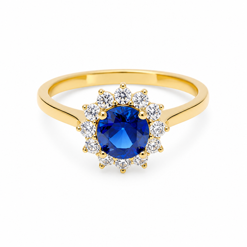 14KT Gold Ring Women's Flower Round Royal Blue Center Stone with White CZ Stone Petals Border Plain Band