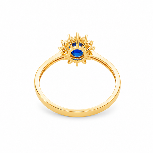 14KT Gold Ring Women's Flower Round Royal Blue Center Stone with White CZ Stone Petals Border Plain Band