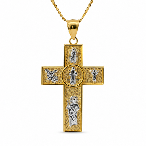 14KT Gold Charm Small Two Tone Catholic Saints Cross with Virgin Mary, St Michael, St Charbel, St Christopher, and St. Jude Center and Plain Bell