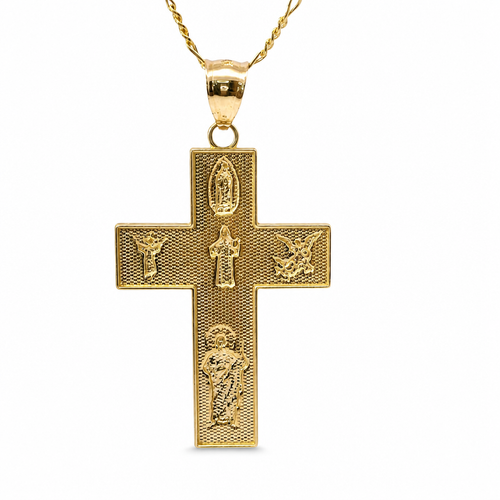 14KT Gold Charm Small Two Tone Catholic Saints Cross with Virgin Mary, St Michael, St Charbel, St Christopher, and St. Jude Center and Plain Bell