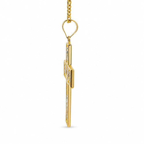14KT Gold Charm Small Two Tone Catholic Saints Cross with Virgin Mary, St Michael, St Charbel, St Christopher, and St. Jude Center and Plain Bell