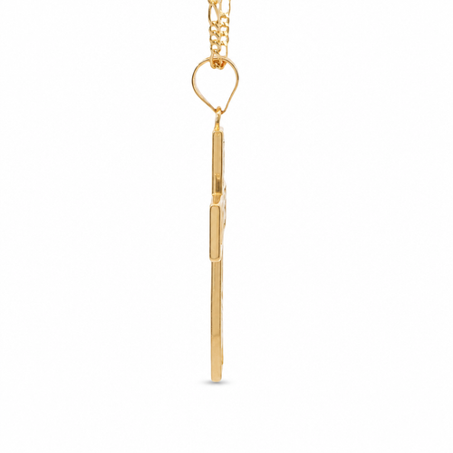 14KT Gold Charm Small Two Tone Catholic Saints Cross with Virgin Mary, St Michael, St Charbel, St Christopher, and St. Jude Center and Plain Bell