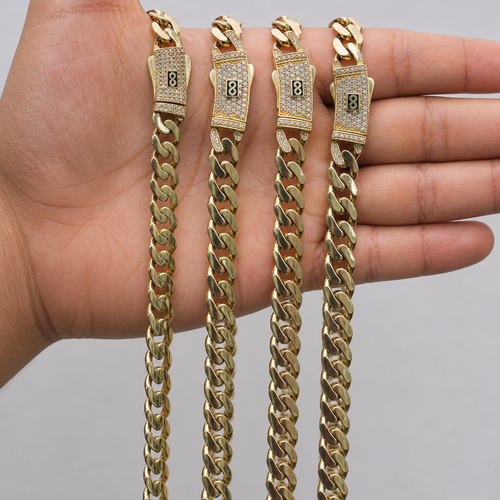 14KT Gold Chain Hollow Crown Miami Link with Infinity Emblem on White CZ Stones Designer Clasp 11mm