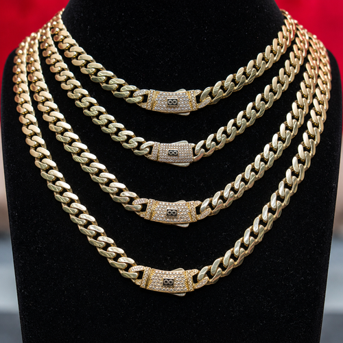 14KT Gold Chain Hollow Crown Miami Link with Infinity Emblem on White CZ Stones Designer Clasp 11mm