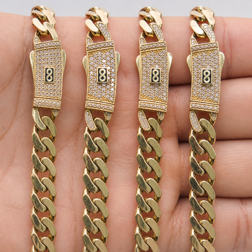 14KT Gold Chain Hollow Crown Miami Link with Infinity Emblem on White CZ Stones Designer Clasp 11mm