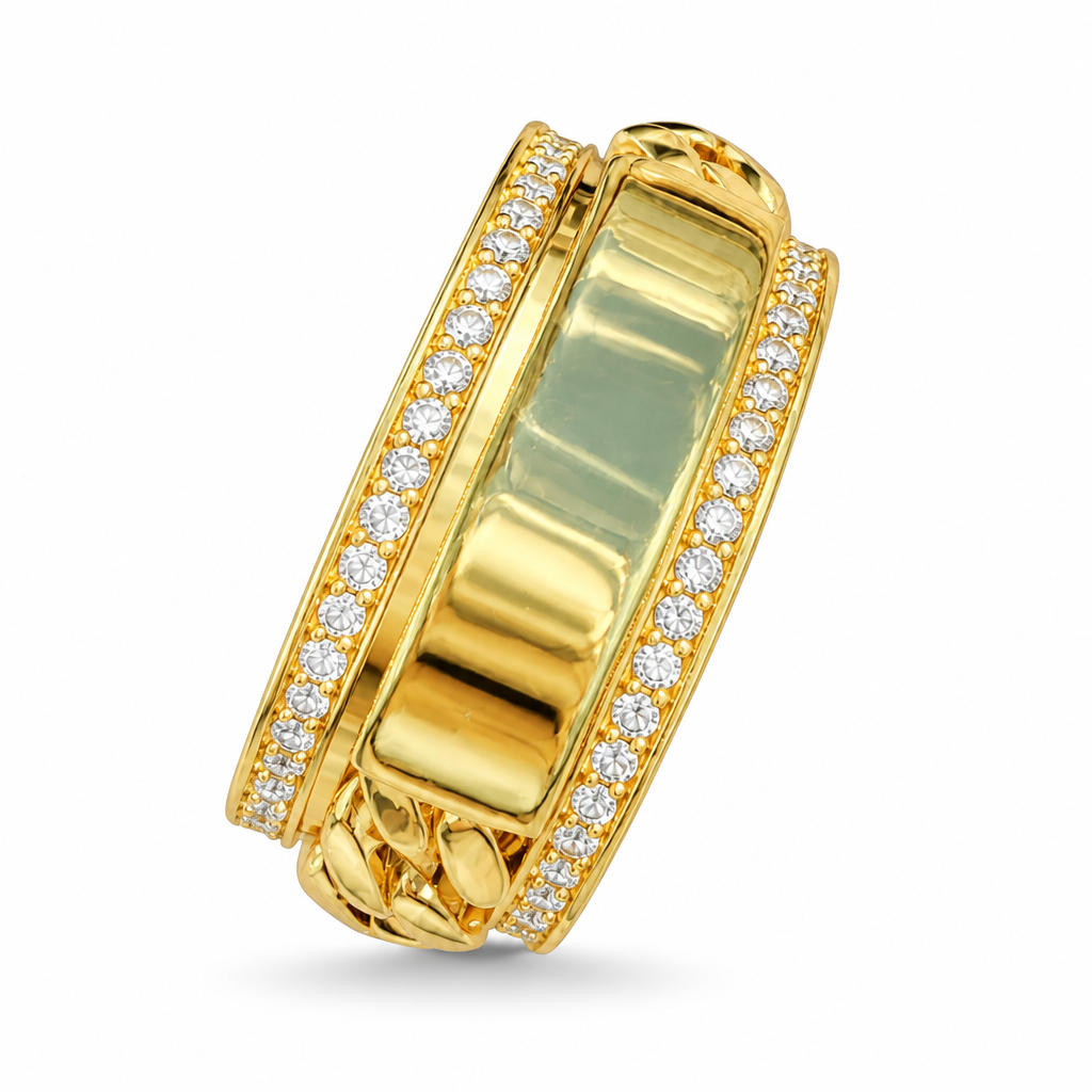14KT Gold Ring Men's Band Jumbo Cuban Spinner White CZ Stones Border and Plain Name Plate
