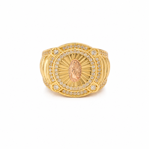 14KT Gold Ring Men's Round Two Tone Virgin Mary White CZ Stones Double Border with Four Slightly Larger Corner Stones and White CZ Stones on Curved Ridged Band