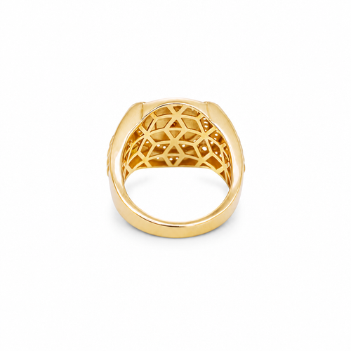 14KT Gold Ring Men's Round Two Tone Virgin Mary White CZ Stones Double Border with Four Slightly Larger Corner Stones and White CZ Stones on Curved Ridged Band