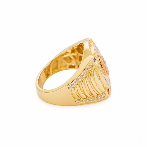 14KT Gold Ring Men's Round Two Tone Virgin Mary White CZ Stones Double Border with Four Slightly Larger Corner Stones and White CZ Stones on Curved Ridged Band
