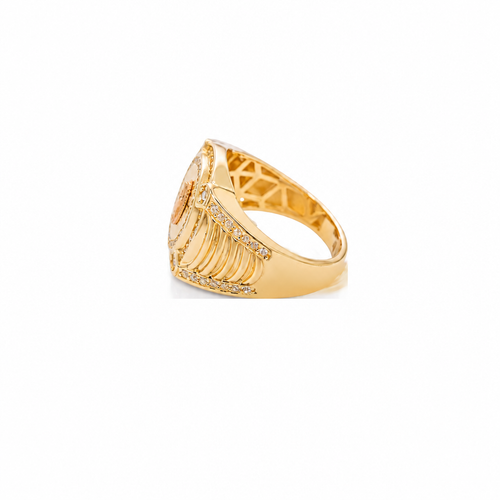 14KT Gold Ring Men's Round Two Tone Virgin Mary White CZ Stones Double Border with Four Slightly Larger Corner Stones and White CZ Stones on Curved Ridged Band