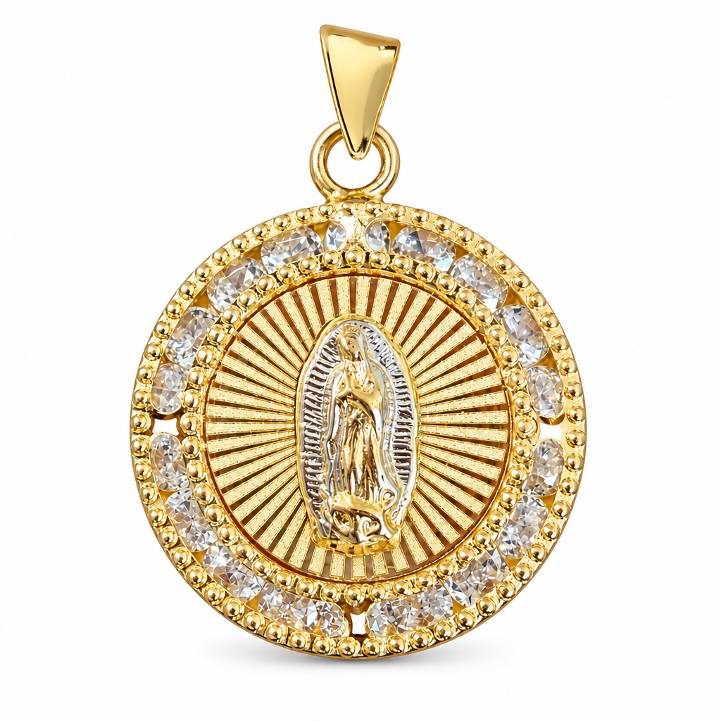14KT Gold Charm Small Round Two Tone Sunray Virgin Mary Coin with White CZ Stones Border and Plain Bell