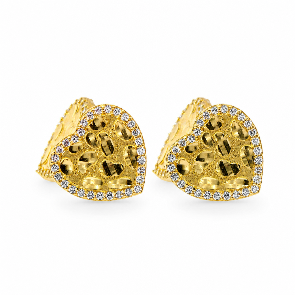 14KT Gold Earrings Medium Nugget Heart Center with White CZ Stones Border, Push Back Post, and Butterfly Backs