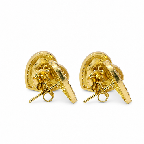 14KT Gold Earrings Medium Nugget Heart Center with White CZ Stones Border, Push Back Post, and Butterfly Backs